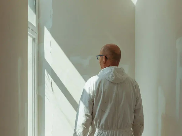 Maler i arbejde, hvid væg under maling