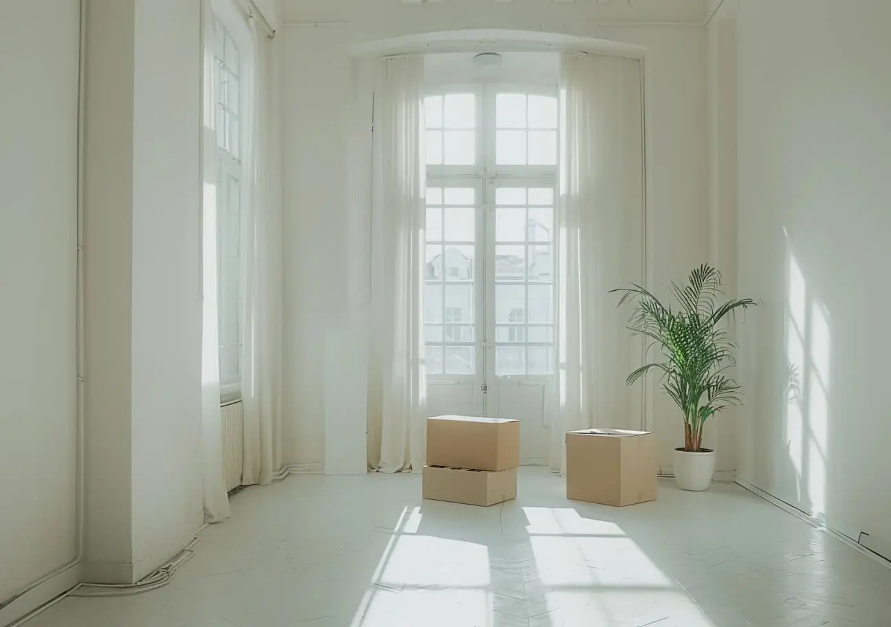 Tom, nyistandsat fraflytningslejlighed med flyttekasser klar til aflevering