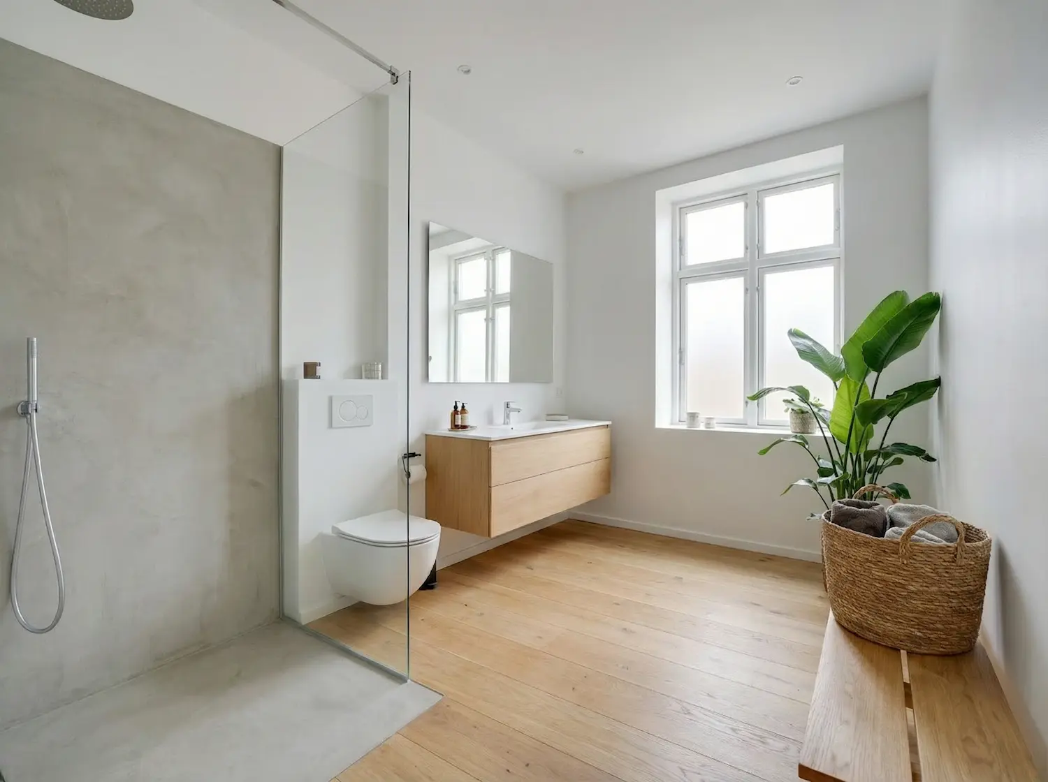 Lyst badeværelse med betonvæg, trægulv og hvide vægge