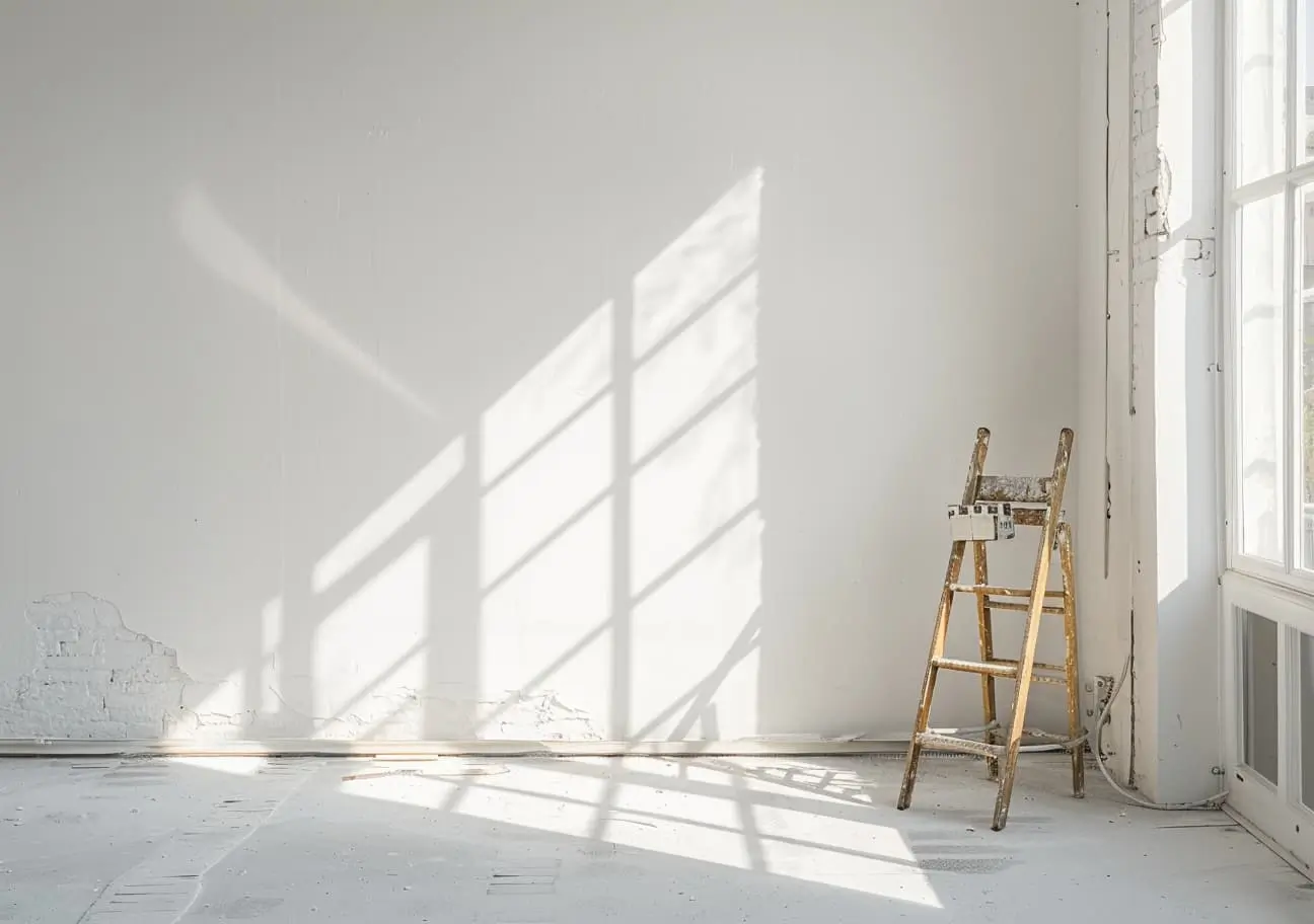 Maler på stige i tom lejlighed under renovering