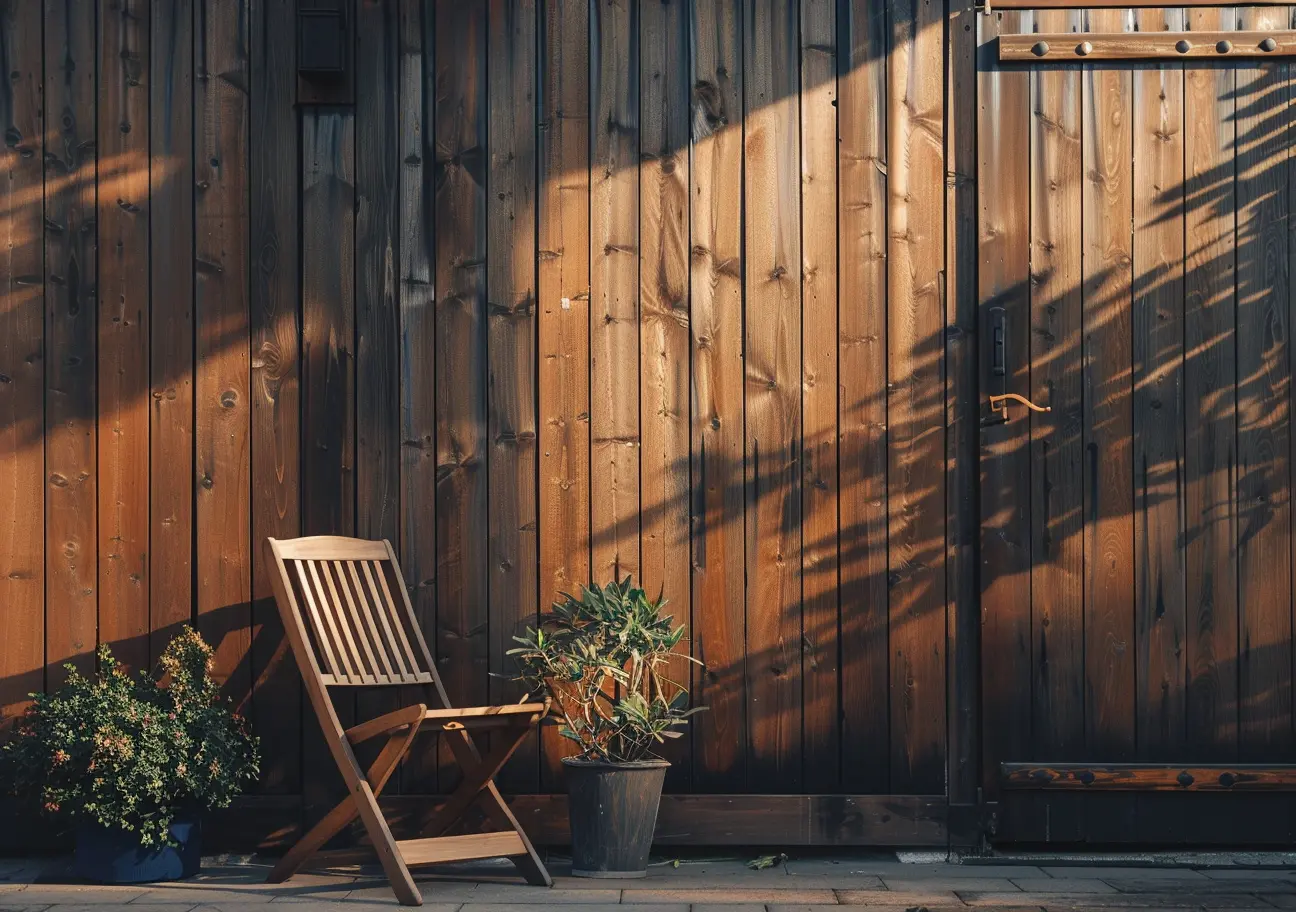 Teaktræsstol i have med mørkt træhegn behandlet af Leon Meyer