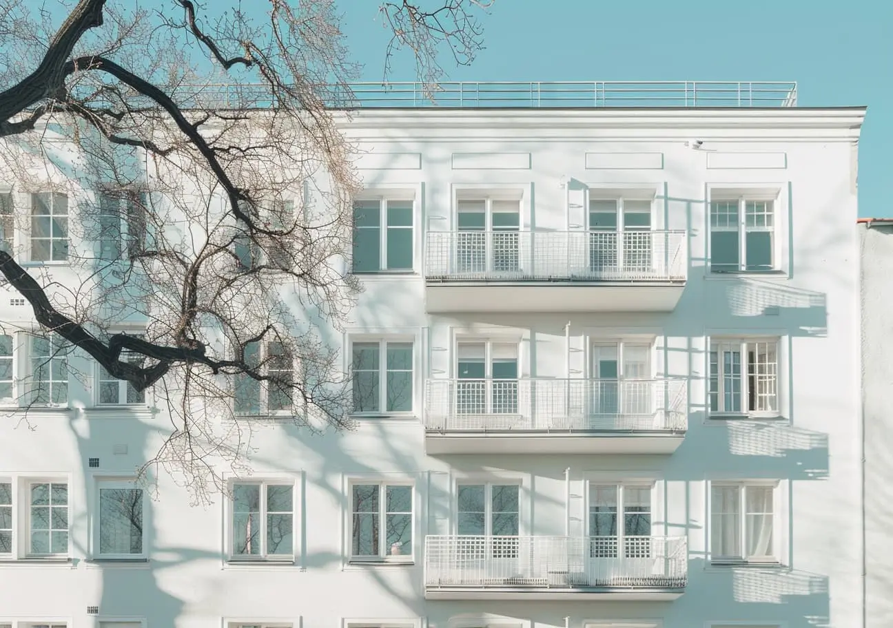 Hvid lejlighedsbygning med balkoner og blå himmel