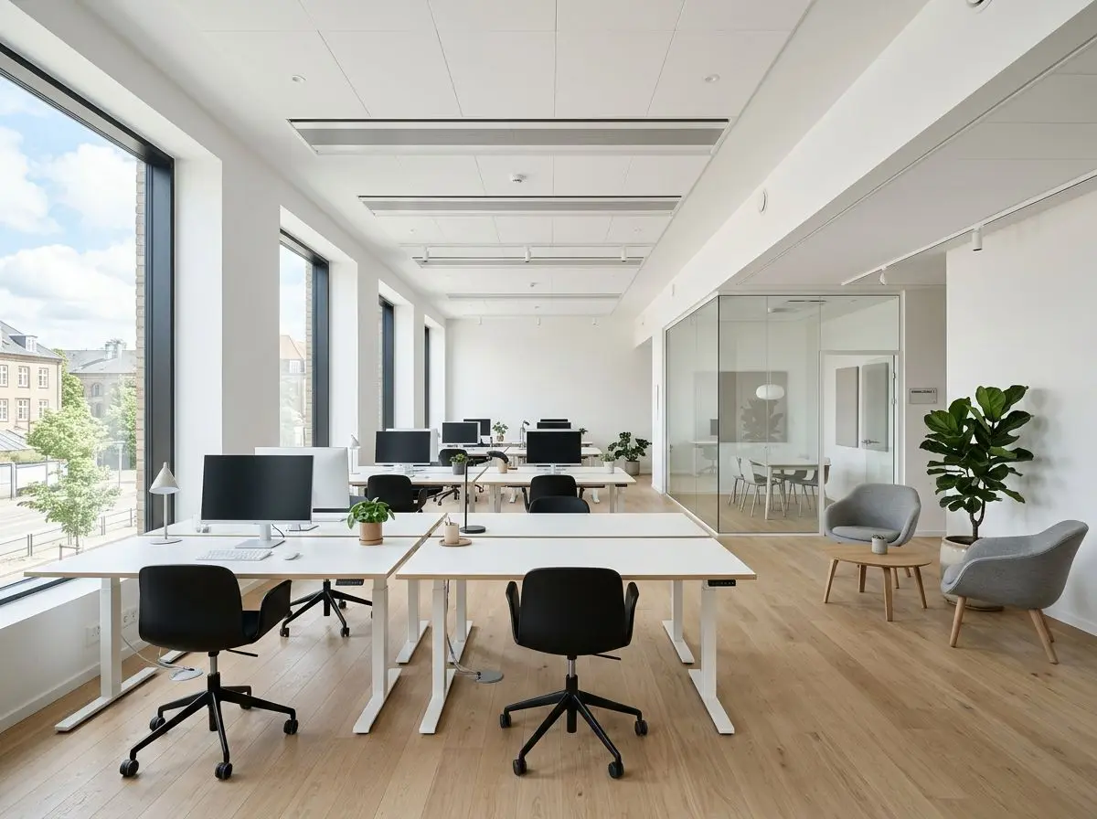 Lyst og nyistandsat kontormiljø med hvide vægge, hævesænkeborde og store vinduespartier i dansk erhvervsejendom