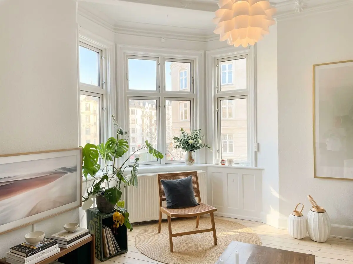 Lyst og nymalet stue med hvide vægge og skandinavisk indretning